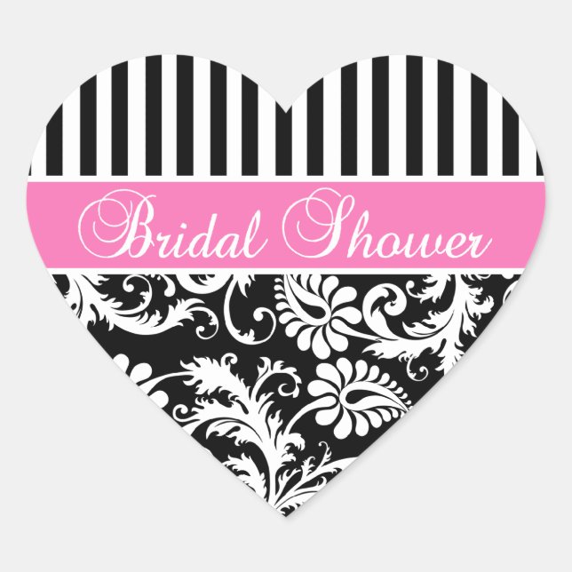 Black, White, PInk Damask Bridal Shower Sticker (Front)