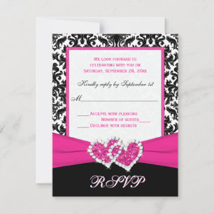 Black, White, Pink Damask & Hearts Reply Card