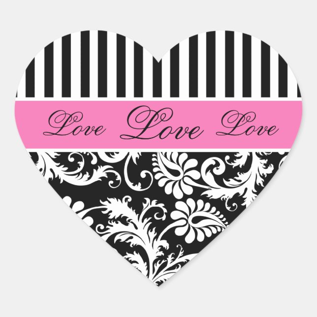 Black, White, PInk Damask Love Sticker (Front)