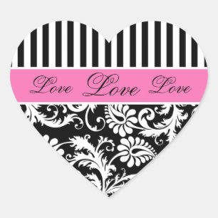 Black, White, PInk Damask Love Sticker