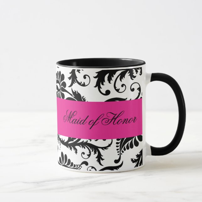 Black, White, Pink Damask Maid of Honour Mug (Right)
