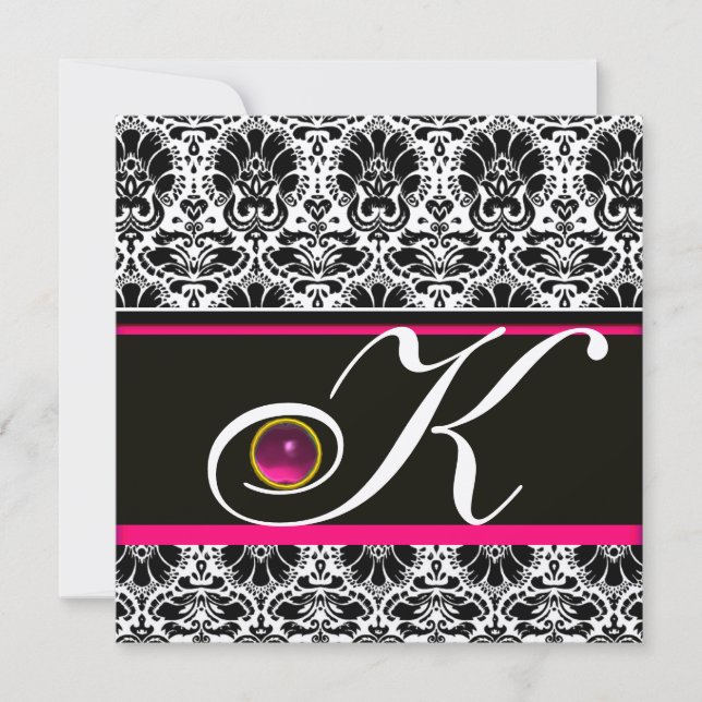 BLACK WHITE PINK DAMASK MONOGRAM Amethyst Metallic Invitation (Front)