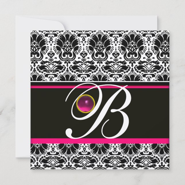 BLACK WHITE PINK DAMASK MONOGRAM Amethyst Silver Invitation (Front)