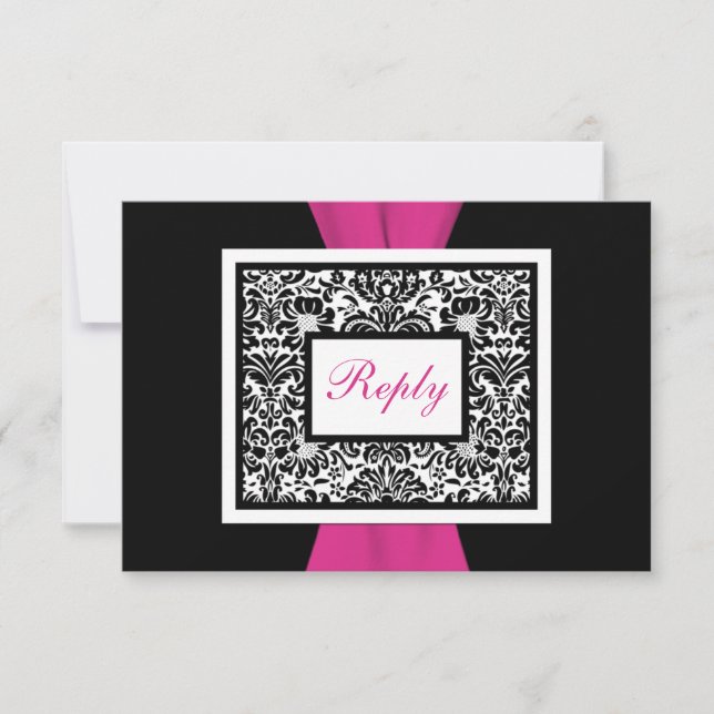 Black, White, Pink Damask PRINTED RIBBON RSVP Card (Front)