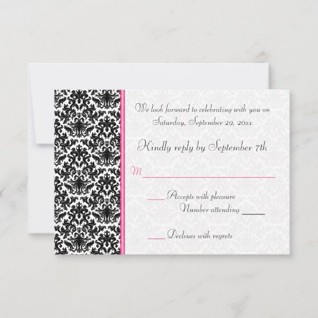 Black, White, Pink Damask RSVP Card (Front)