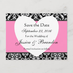Black White Pink Damask Save Date Postcard 3