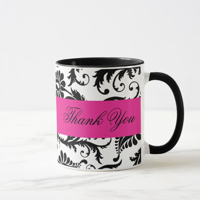 Black, White, Pink Damask Thank You Mug (Right)