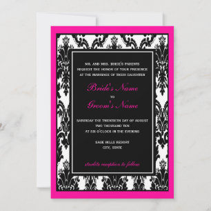 Black White Pink Damask Wedding Invitation
