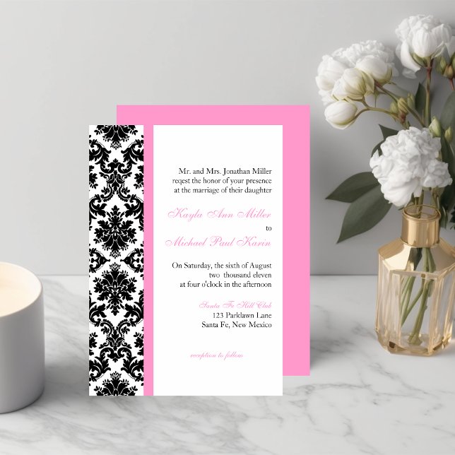 Black White Pink Damask Wedding Invitation (Creator Uploaded)