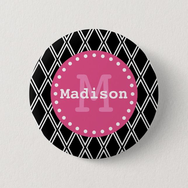 Black White Pink Diamond Pattern Monogram 6 Cm Round Badge (Front)