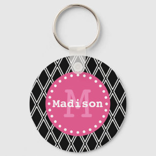Black White Pink Diamond Pattern Monogram Key Ring