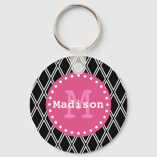 Black White Pink Diamond Pattern Monogram Key Ring (Front)