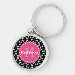 Black White Pink Diamond Pattern Monogram Key Ring
