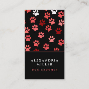 Black White & Pink Dog Paw Prints Dog Grooming Business Card
