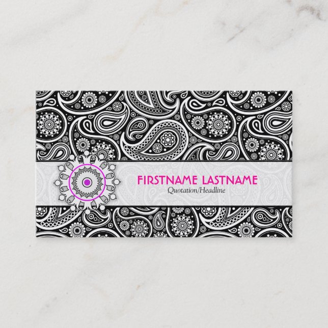 Black White & Pink Elegant Paisley Pattern Business Card (Front)