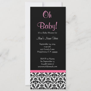 Black White Pink Feathered Damask Baby Shower Invitation