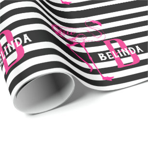 Black White Pink FLamingo Gift Monogram HER Wrapping Paper
