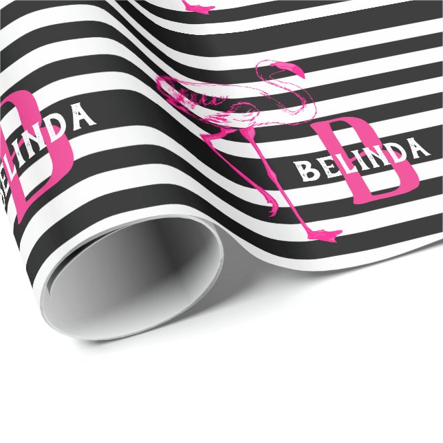 Black White Pink FLamingo Gift Monogram HER Wrapping Paper (Roll Corner)