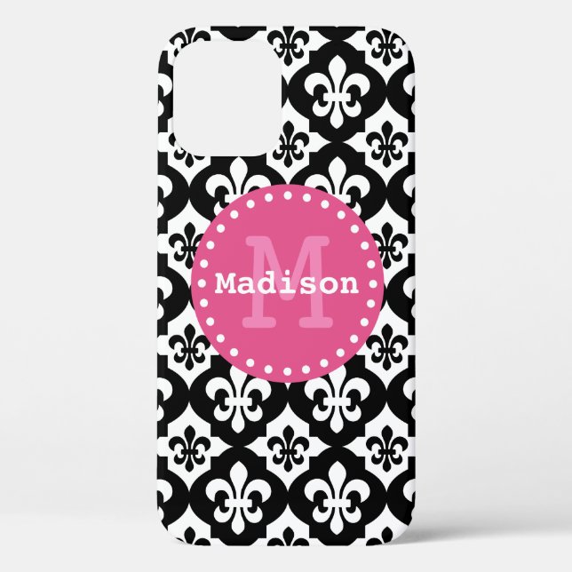 Black White Pink Fleur-De-Lis Pattern Monogram Case-Mate iPhone Case (Back)