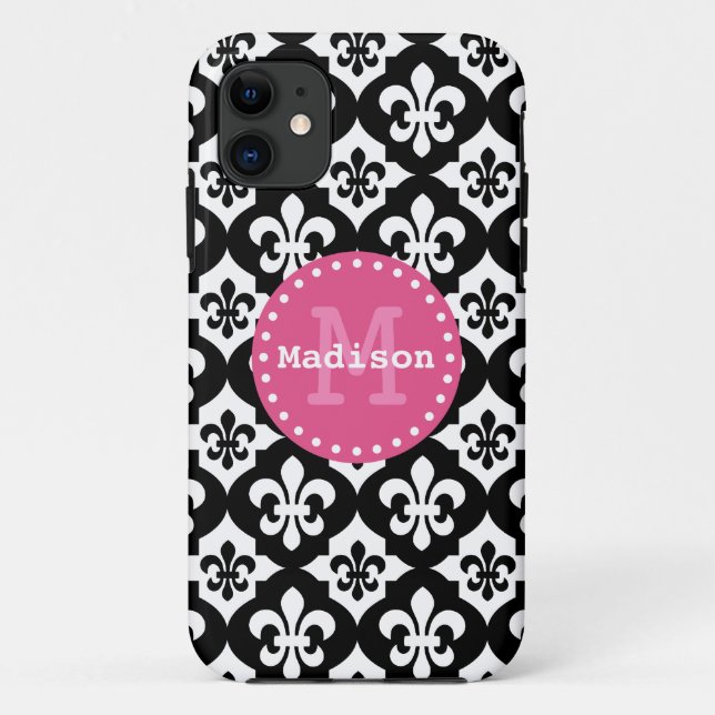 Black White Pink Fleur-De-Lis Pattern Monogram Case-Mate iPhone Case (Back)