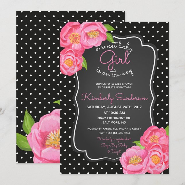 Black & White Pink Floral Baby Shower Invitation (Front/Back)