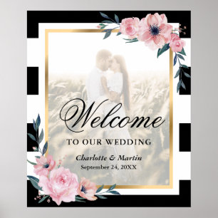 Black White Pink Floral Photo Wedding Welcome Sign