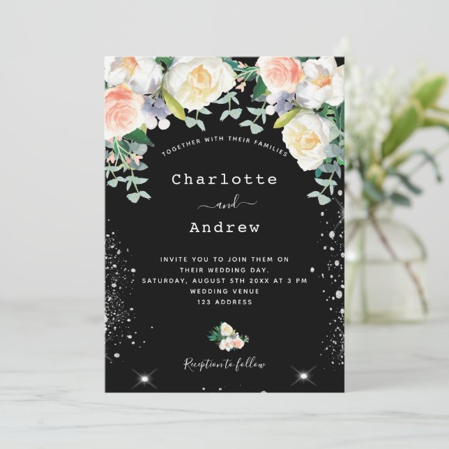 Black white pink florals silver glitter wedding invitation (Standing Front)