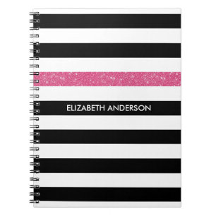 Black White Pink Glitter Stripe Name Notebook