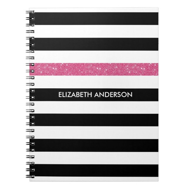 Black White Pink Glitter Stripe Name Notebook (Front)