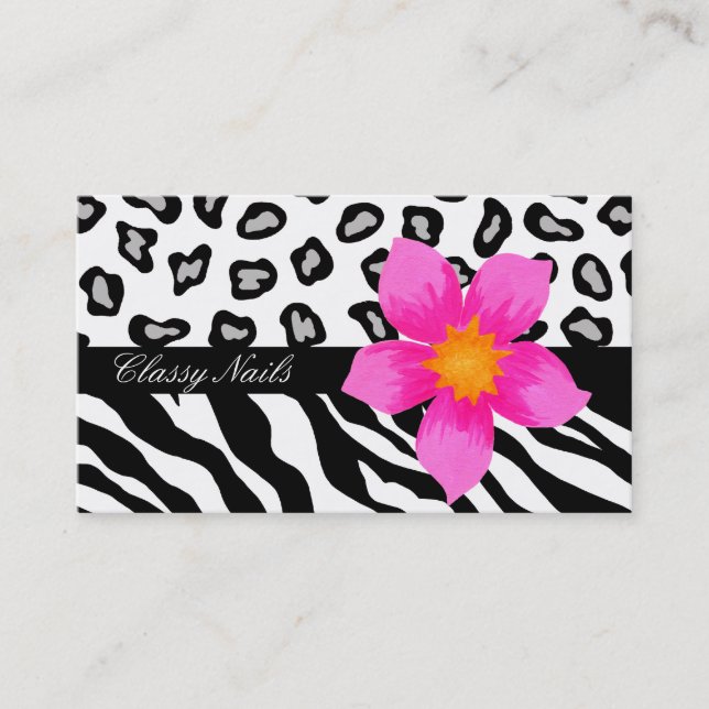 Black, White, Pink & Grey Zebra & Cheetah Skin Business Card (Front)