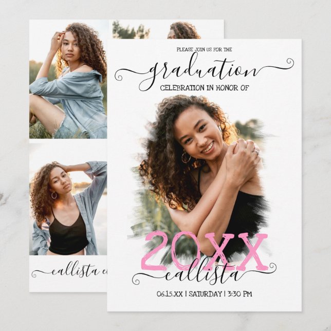 Black White Pink Halo Photo Collage Graduation Invitation (Front/Back)