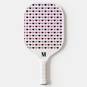 Black White Pink Hearts Pattern   Modern Monogram Pickleball Paddle