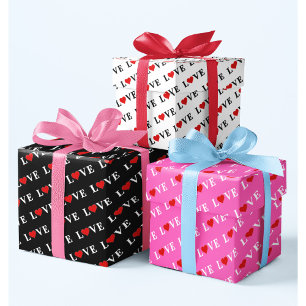 Black White Pink LOVE Patterns Minimalist Elegant Wrapping Paper Sheet
