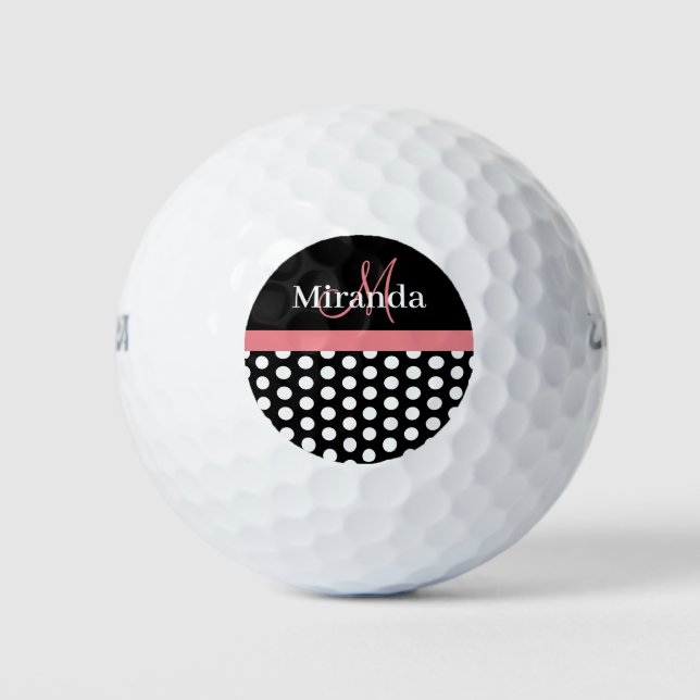 Black White Pink Monogram Polka Dot Golf Balls (Front)