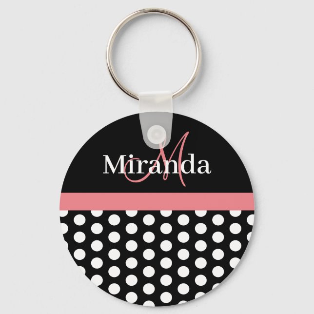 Black White Pink Monogram Polka Dot Key Ring (Front)