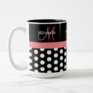 Black White Pink Monogram Polka Dot Two-Tone Coffee Mug