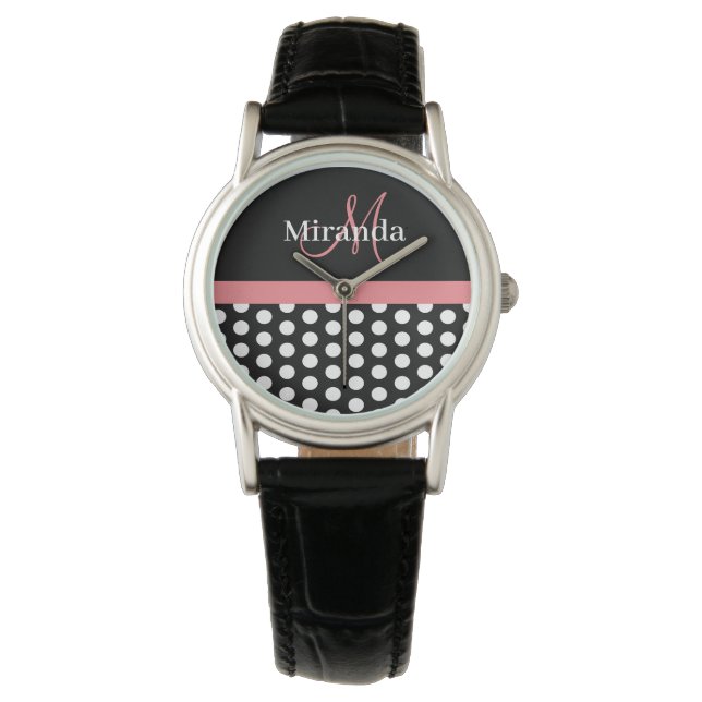 Black White Pink Monogram Polka Dot Watch (Front)