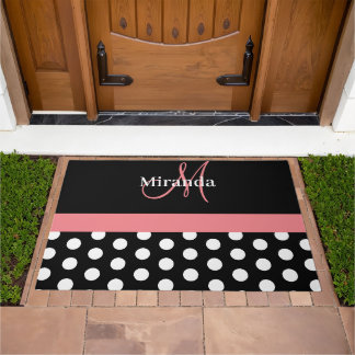 Black White Pink Monogram Script Polka Doormat