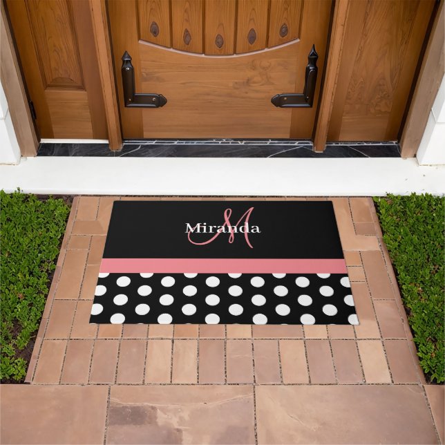 Black White Pink Monogram Script Polka Doormat (Outdoor)