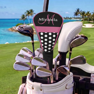 Black White Pink Monogram Script Polka Dot Golf Head Cover