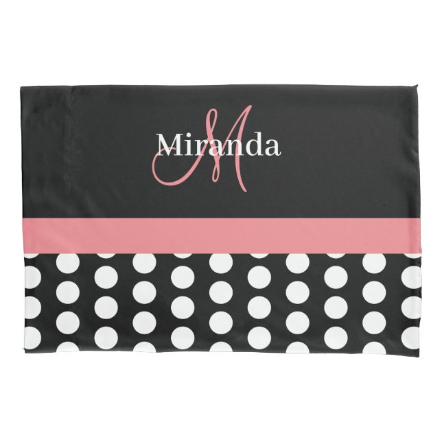 Black White Pink Monogram Script Polka Dot Std Pillowcase (Front)