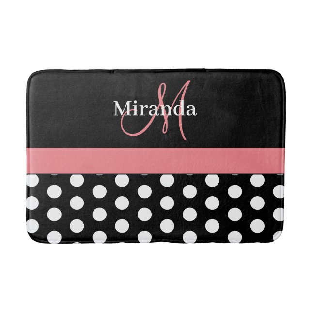 Black White Pink Monogram Script Polka Dots Bath M Bath Mat (Front)