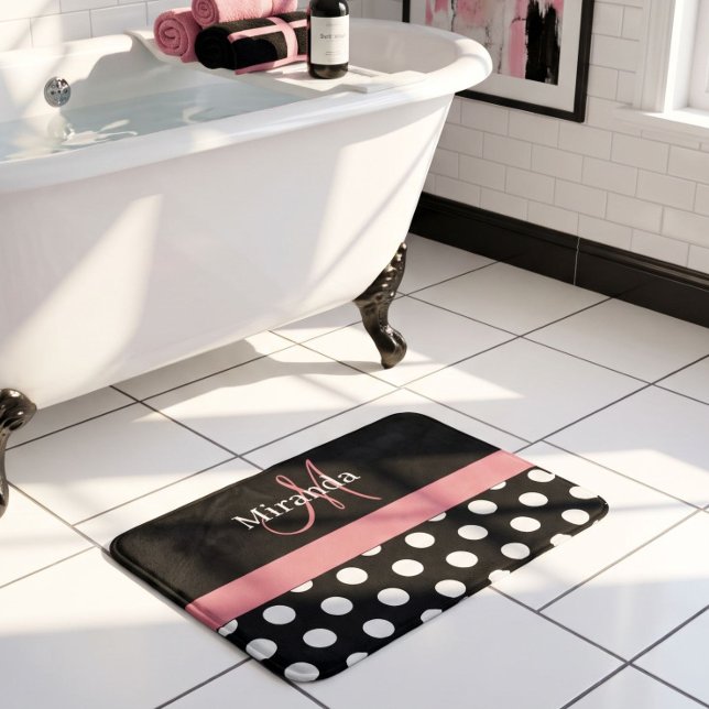 Black White Pink Monogram Script Polka Dots Bath M Mat (Creator Uploaded)