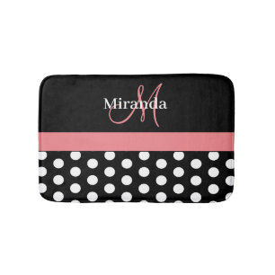 Black White Pink Monogram Script Polka Dots Bath Mat