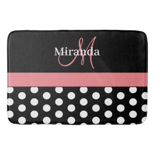 Black White Pink Monogram Script Polka Dots Bath Mat