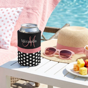 Black White Pink Monogram Script Polka Dots Can Cooler
