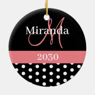 Black White Pink Monogram Script Polka Dots Ceramic Tree Decoration