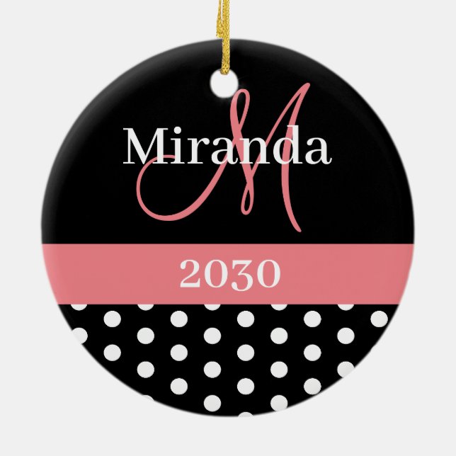 Black White Pink Monogram Script Polka Dots Ceramic Tree Decoration (Back)