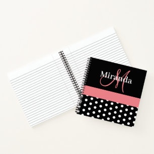 Black White Pink Monogram Script Polka Dots Notebook