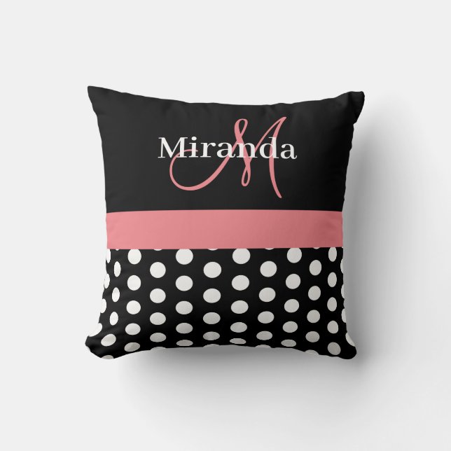 Black White Pink Monogram Script Polka Dots Throw  Cushion (Front)